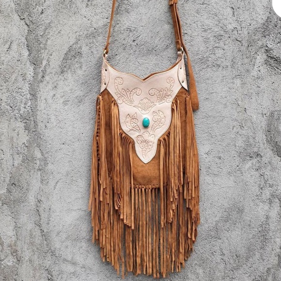 Bohemian boho leather fringe crossover purse bag - Picture 3 of 9